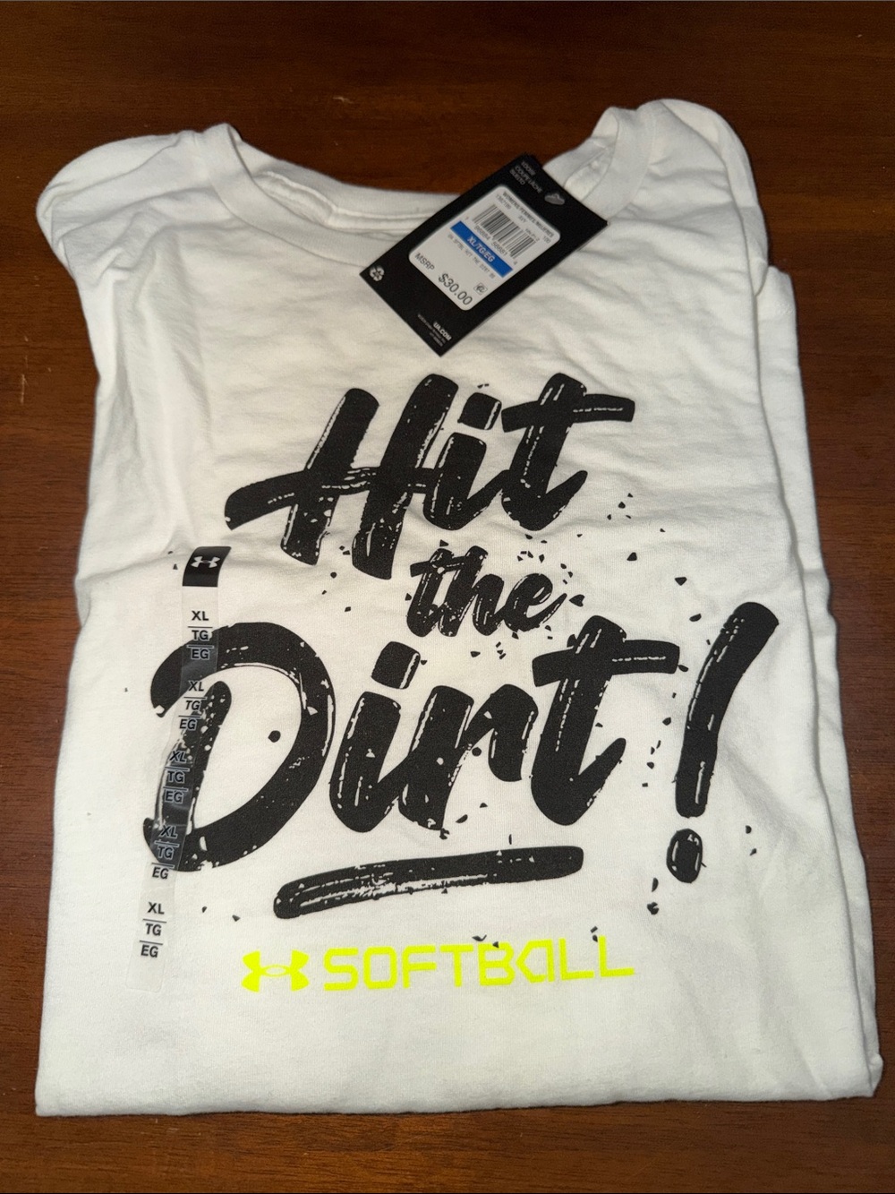 Under Armour White Tee with Black Script and Neon Yellow Softball Logo